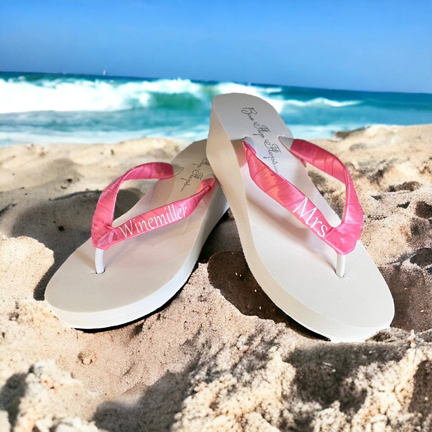 Customizable Satin Ribbon Bride Flip Flops with Her New Last Name, Navy White Ivory