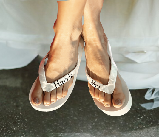 Mrs Wedding Flip Flops, High 3.5 Inch Wedge Heel or Choose Height