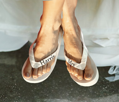 Island Blue Beach Wedding Flip Flops with Customized Name, Ivory or White