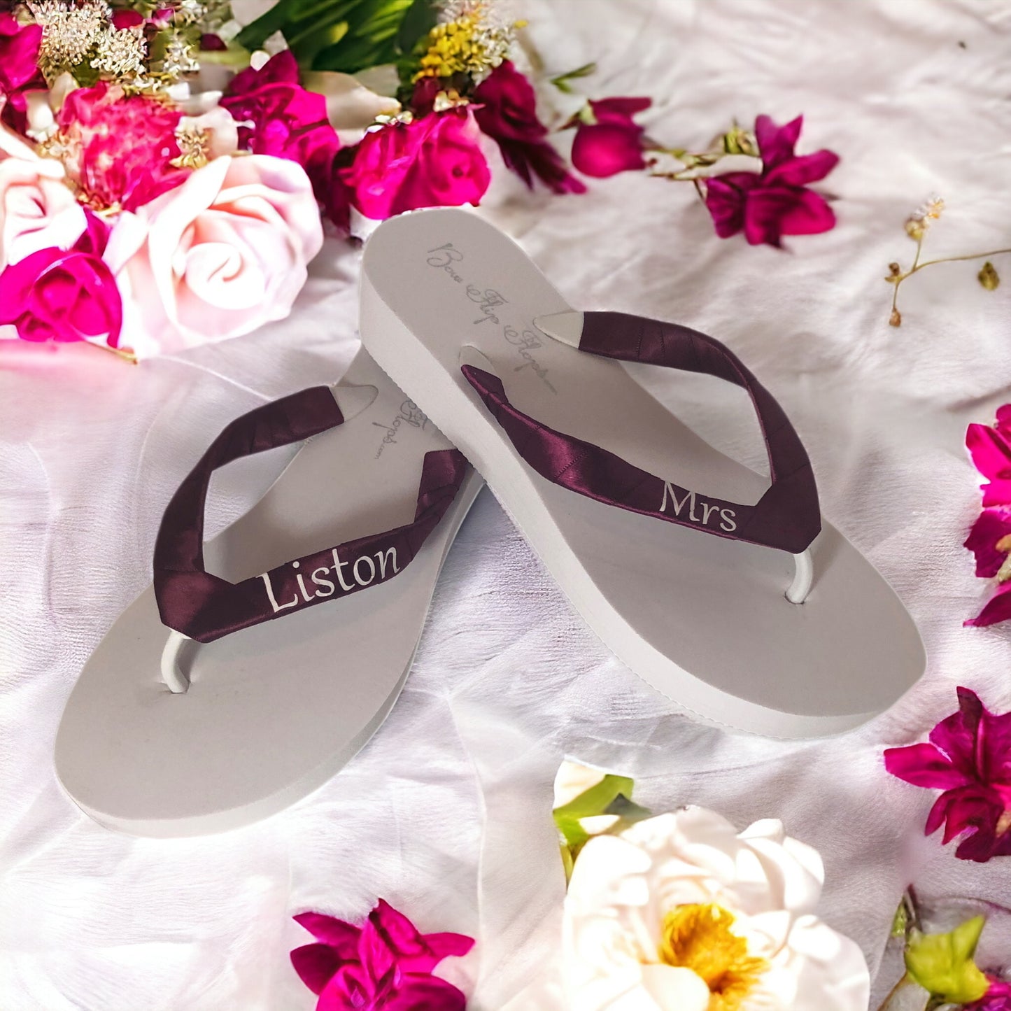 Customizable Satin Ribbon Bride Flip Flops with Her New Last Name, Navy White Ivory