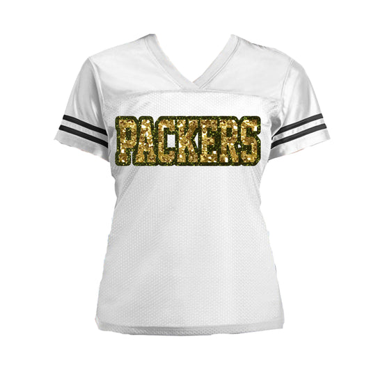 Green Bay Packers Glitter Women’s Jersey Football Shirt, White