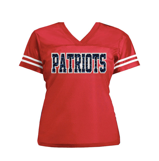 Red Patriots Glitter Women's Football Jersey, New England Bling Shirt