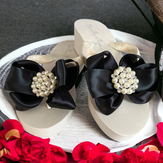 Ivory Pearl & Rhinestone Flip Flops with Black Satin Bows - customize yours