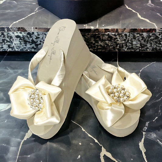High Wedge Ivory Pearl & Rhinestone Flip Flops with Satin Bows - choose your heel height