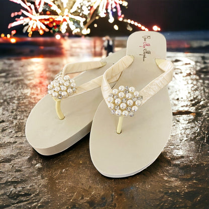 White High 3.5 Inch Wedge Infinity Circle Rhinestone Embellishment Flip Flops