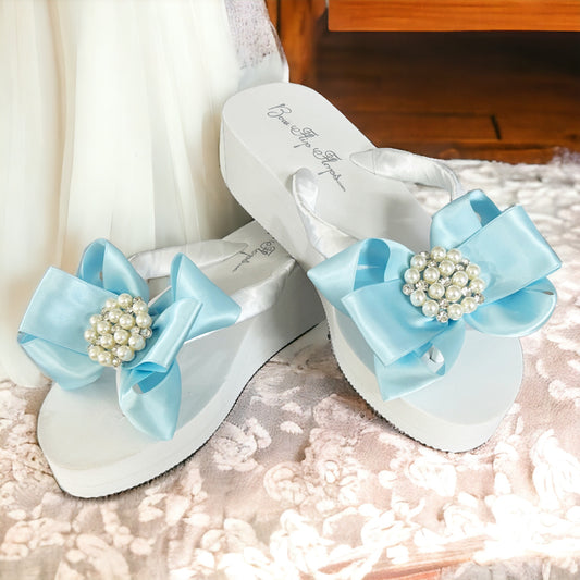 Light Blue Pearl & Rhinestone Bow Flip Flops, Match your Colors