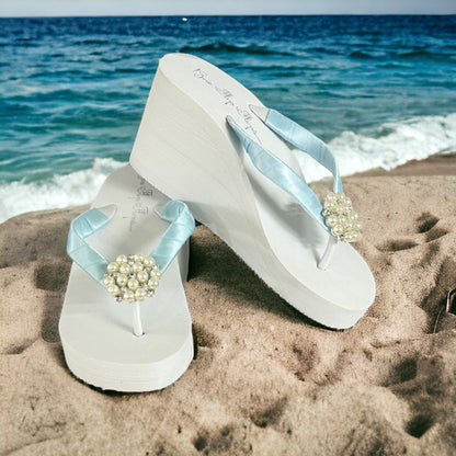 Something Light Blue High Wedge Pearl Flip Flop Sandals