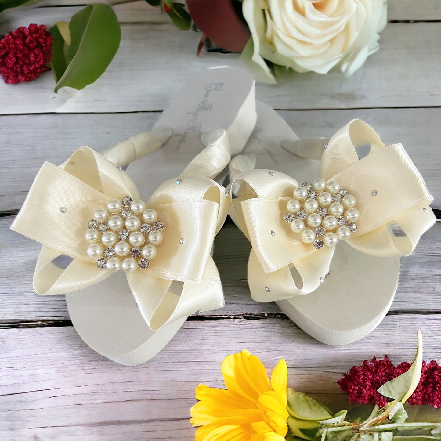 Pearl Bow Flip Flops with Crystal Rhinestone Accents, White or Ivory