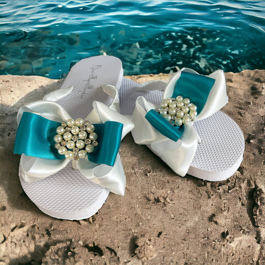 Pearl Double Color Satin Bow  Flip Flops, Customize Colors