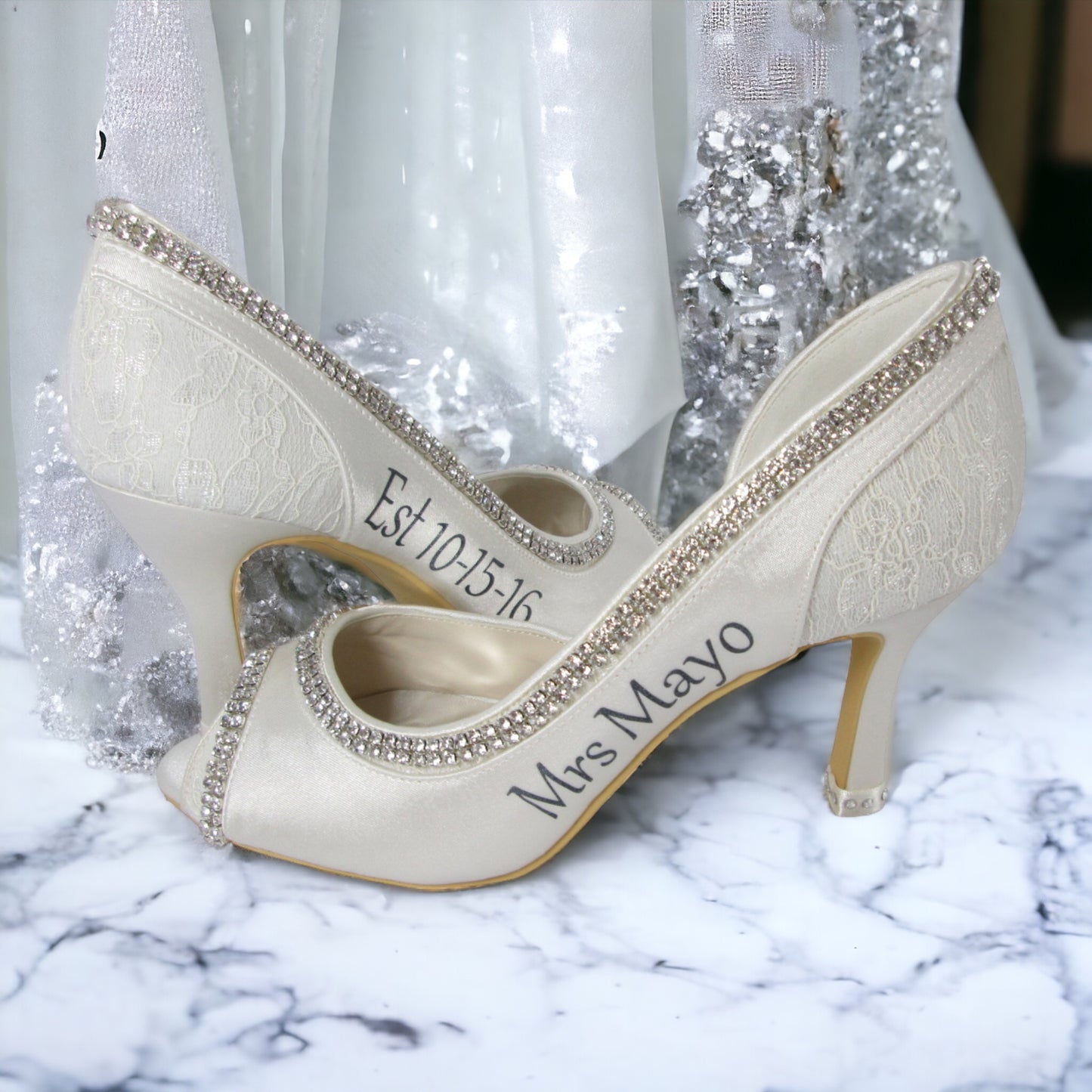 Mrs Wedding Date Bridal Pumps in White and Ivory Lace & Satin Peep Toe