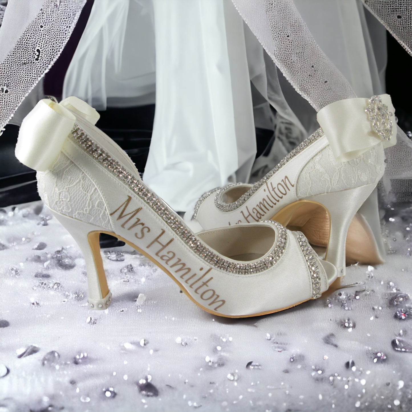 White & Black Satin Rhinestone Bow High Heel Wedding Pumps with Name and Ceremony Date