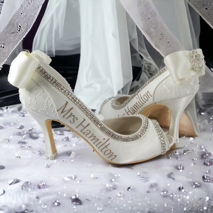 You Design Ivory or White 3.5" Bridal Heels with Rhinestone Diamonte Trim & Personalized Name and Date