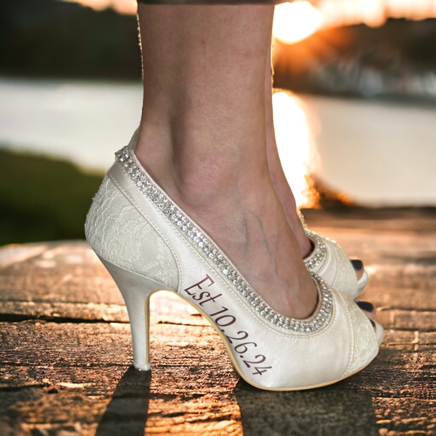 Mrs Wedding Date Bridal Pumps in White and Ivory Lace & Satin Peep Toe