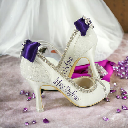 You Design Ivory or White 3.5" Bridal Heels with Rhinestone Diamonte Trim & Personalized Name and Date