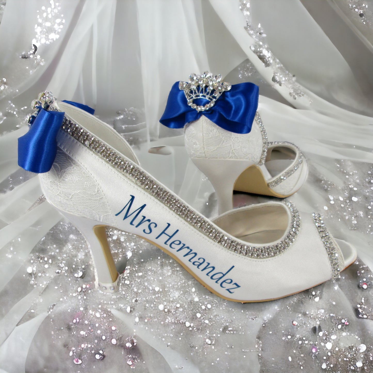 White & Black Satin Rhinestone Bow High Heel Wedding Pumps with Name and Ceremony Date