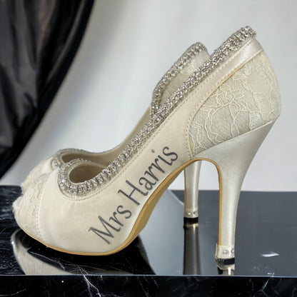 Mrs Wedding Date Bridal Pumps in White and Ivory Lace & Satin Peep Toe