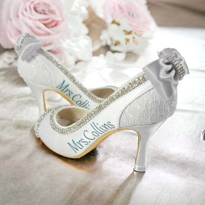 White & Black Satin Rhinestone Bow High Heel Wedding Pumps with Name and Ceremony Date