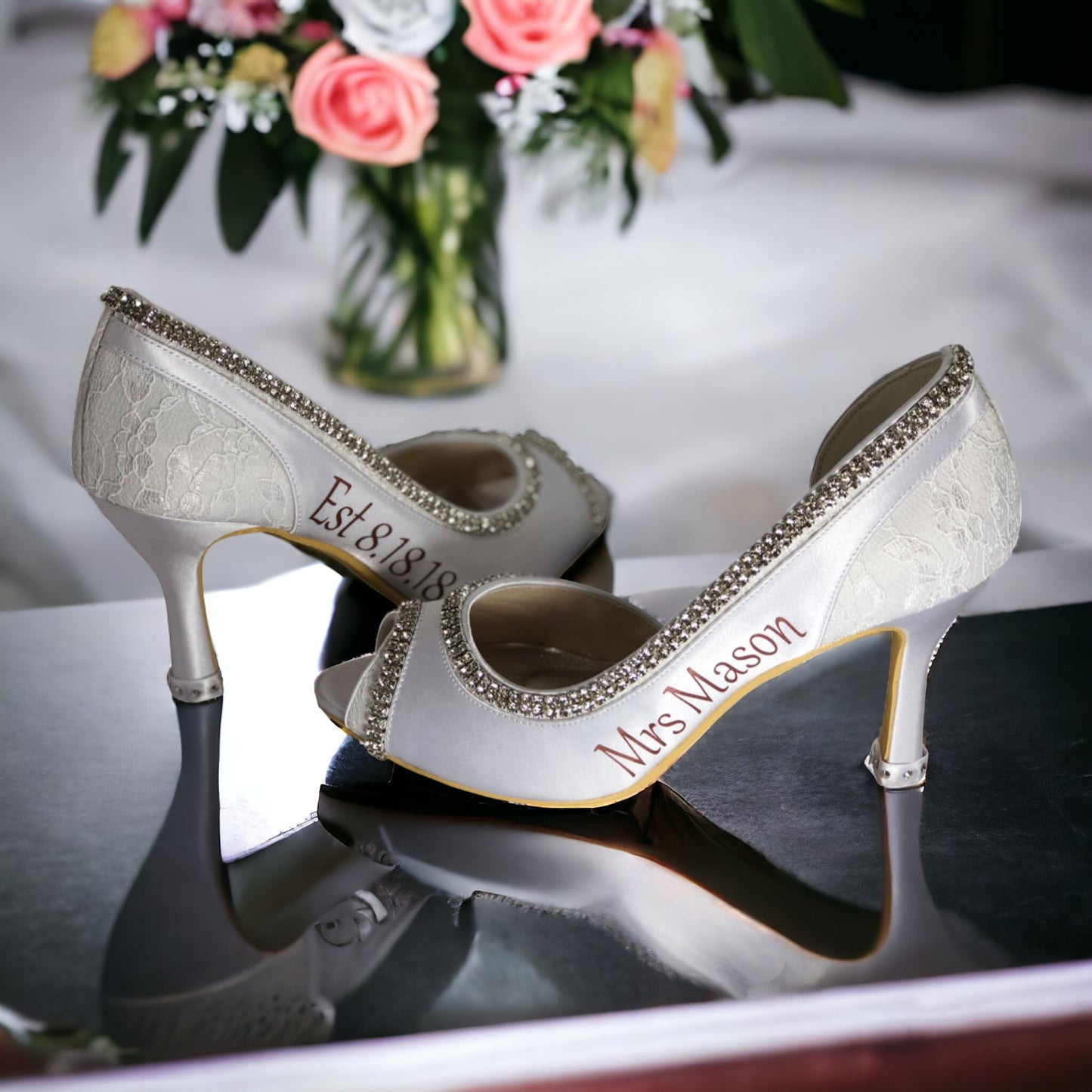 Lace & Satin Peep Toe Wedding Heels with Personalized Name & Date