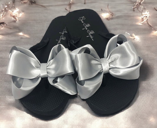 Black & Silver Satin Bow Flip Flops for Ladies & Girls - Customize Yours!