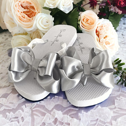 Ivory Satin Bow Flip Flops, Customize Your Colors & Heel Height