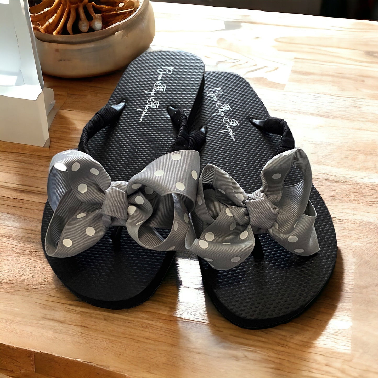 Gray & Black Polka Dot Bow Flip Flops - Choose Your Ribbon Color