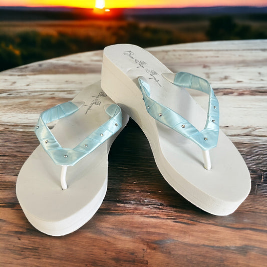 Something Light Blue Rhinestone Ivory or White Flip Flops, Choose Your Heel Height