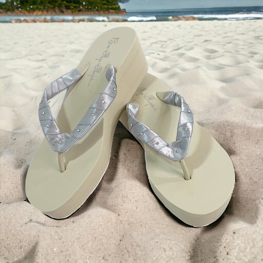 Ivory & Silver Satin Swarovski Crystal Rhinestone Flip Flops Wedge Heel