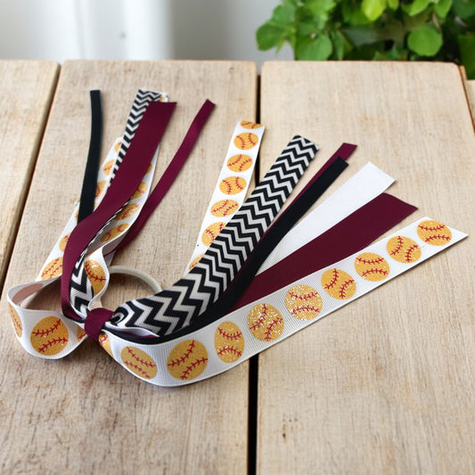 Glitter Softball Hair Ribbons for Girls, Burgundy Black & White on Ponytail