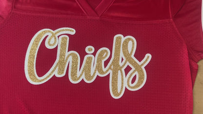 Chiefs Glitter Football Jersey, Red White Gold Kansas City Women's Shirt