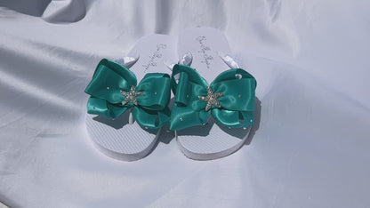 Starfish Turquoise Bow Flip Flops with Crystal Rhinestone Accents, White or Ivory