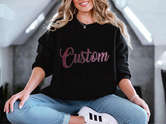 Custom Black & Pink Glitter Women's Sweatshirt, Choose Colors and Text for the Front in Script Font