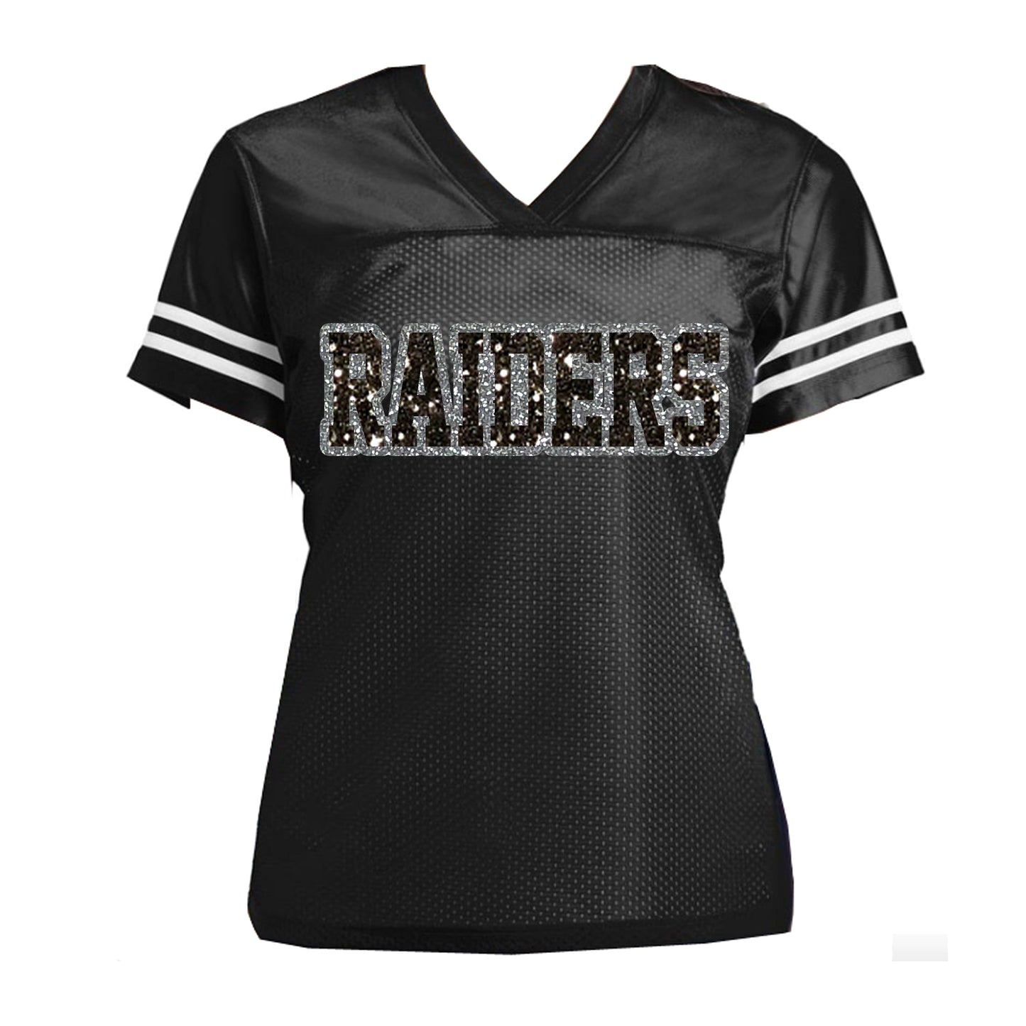 White or Black and Silver Glitter Raiders Women’s Jersey Shirt