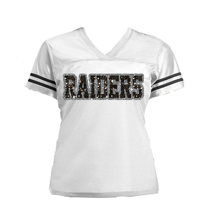 White or Black and Silver Glitter Raiders Women’s Jersey Shirt