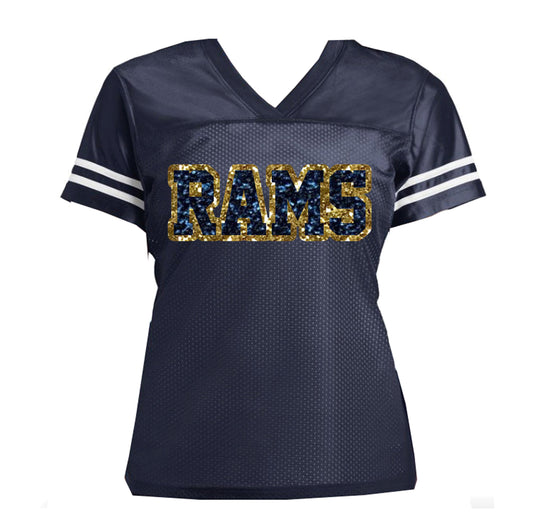 Navy Rams Glitter Women's Football Jersey, Los Angeles Bling Shirt