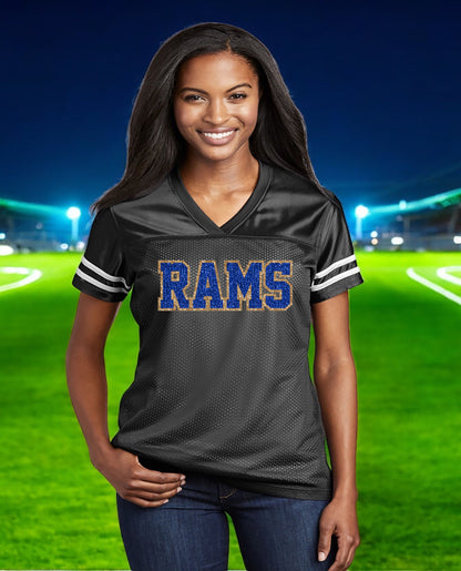 Black Rams Glitter Women's Football Jersey, Los Angeles Bling Shirt