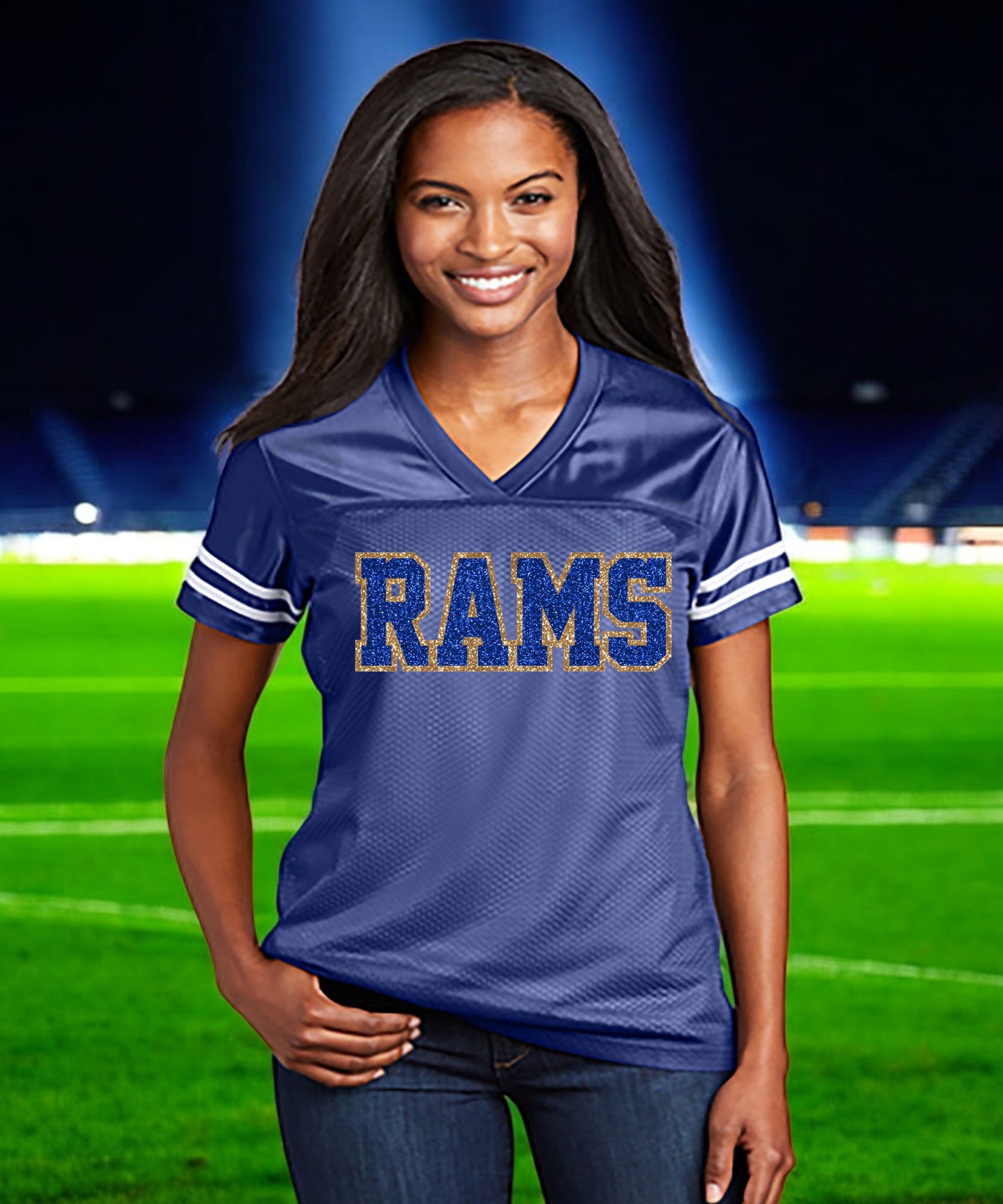 Black Rams Glitter Women's Football Jersey, Los Angeles Bling Shirt Sparklez Apparel Black Rams Glitter Women's Football Jersey, Los Angeles Bling Shirt Sparklez Apparel