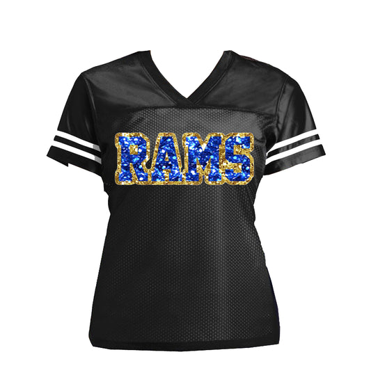 Black Rams Glitter Women's Football Jersey, Los Angeles Bling Shirt
