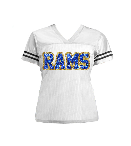 White Rams Glitter Women's Football Jersey, Los Angeles Bling Shirt