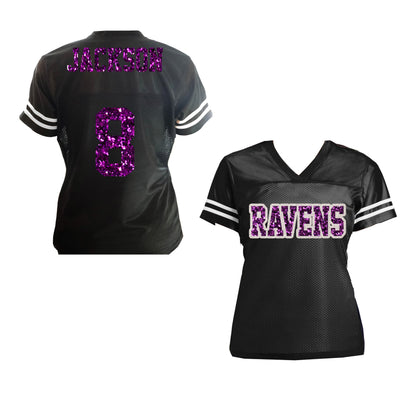 Ravens Jackson Glitter Football Jersey, Lamar Baltimore Women's Shirt