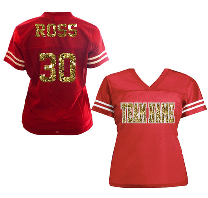 Women's Glitter Football Jersey, Personalized , Red Gold White or Choose Colors