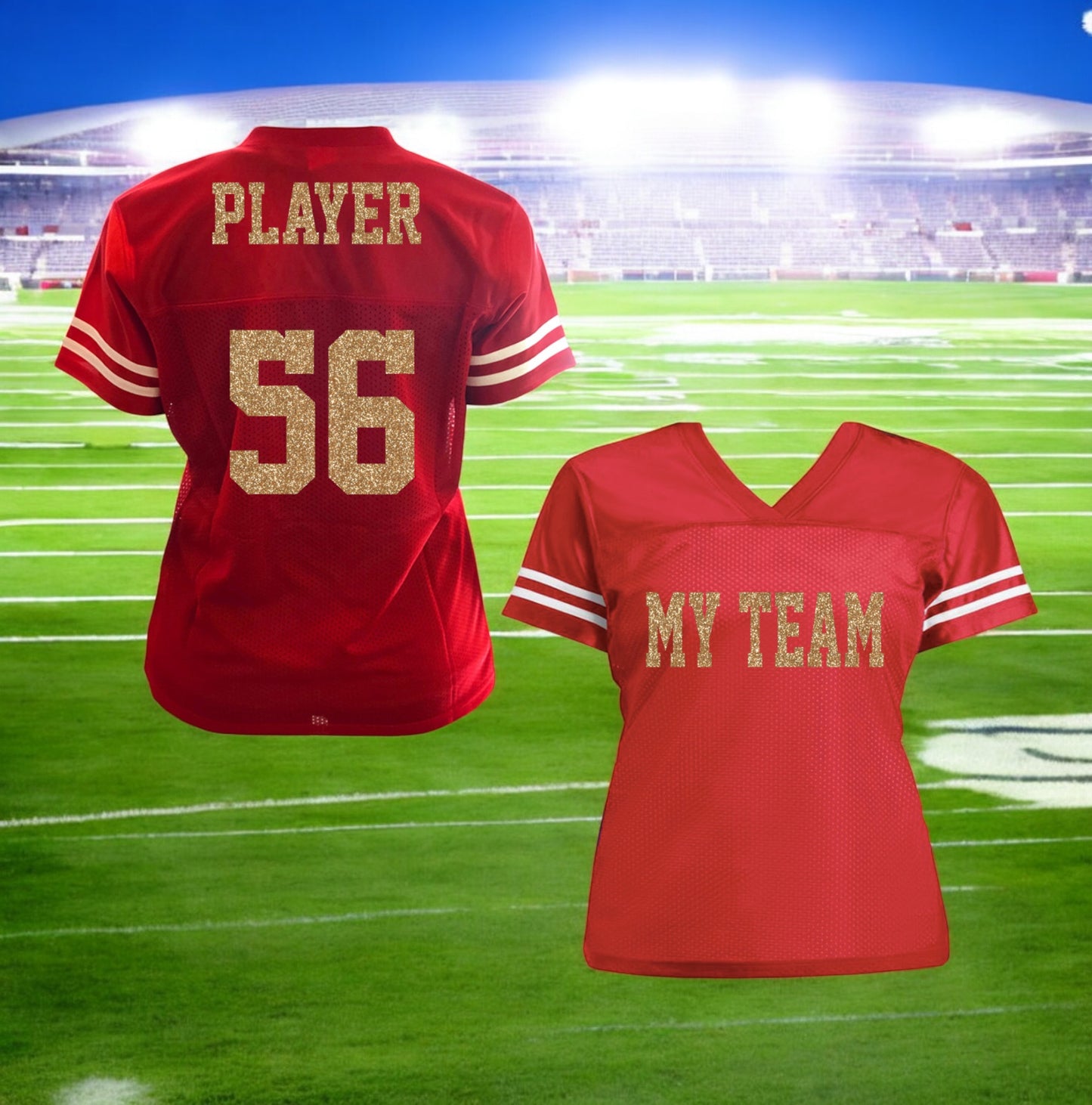 Red & Gold Glitter Jersey  - Choose Your Custom Colors - with Team, Player and Number