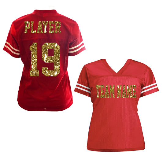 Red & Gold Glitter Jersey  - Choose Your Custom Colors - with Team, Player and Number