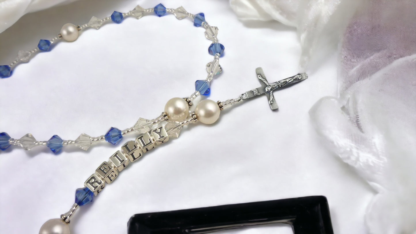 Crystal & Pearl Personalized Rosary Beads, Boys or Girls First Communion