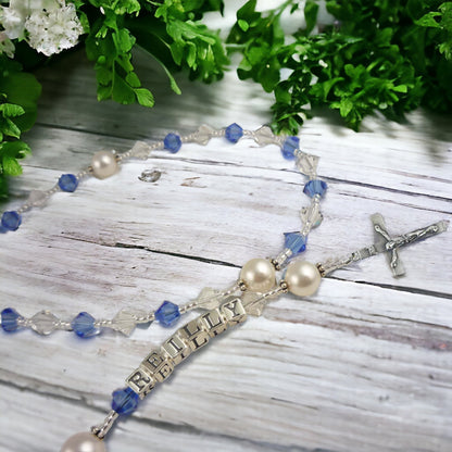 White Opal Crystal & Pearl Customizable Rosary, Prayer Beads, Baptism or First Communion Wedding Gift