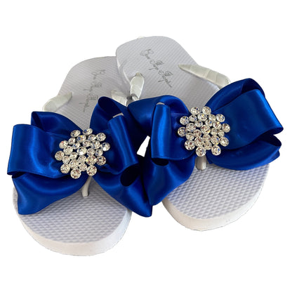 Black Satin Bow Flip Flops with Emerald Cut Rhinestone Embellishment, Customize Yours