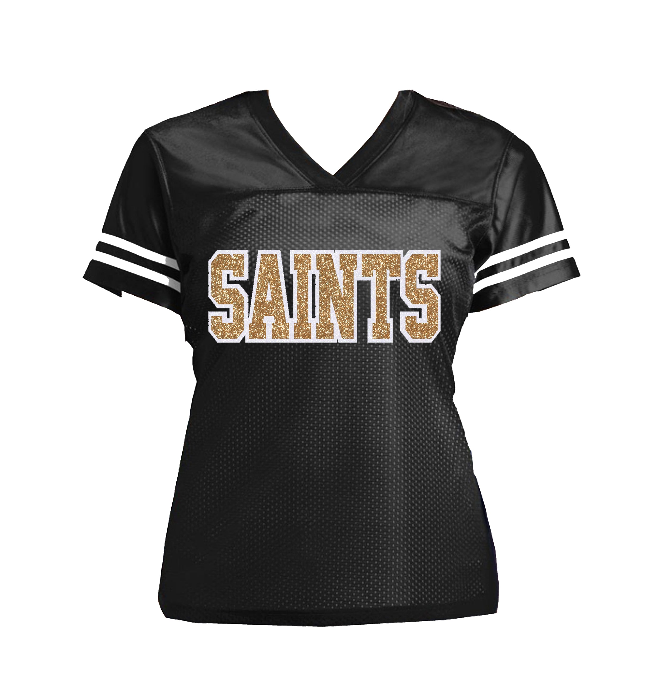 Saints White Gold Glitter Women s Jersey Shirt New Orleans Football Sparklez Apparel