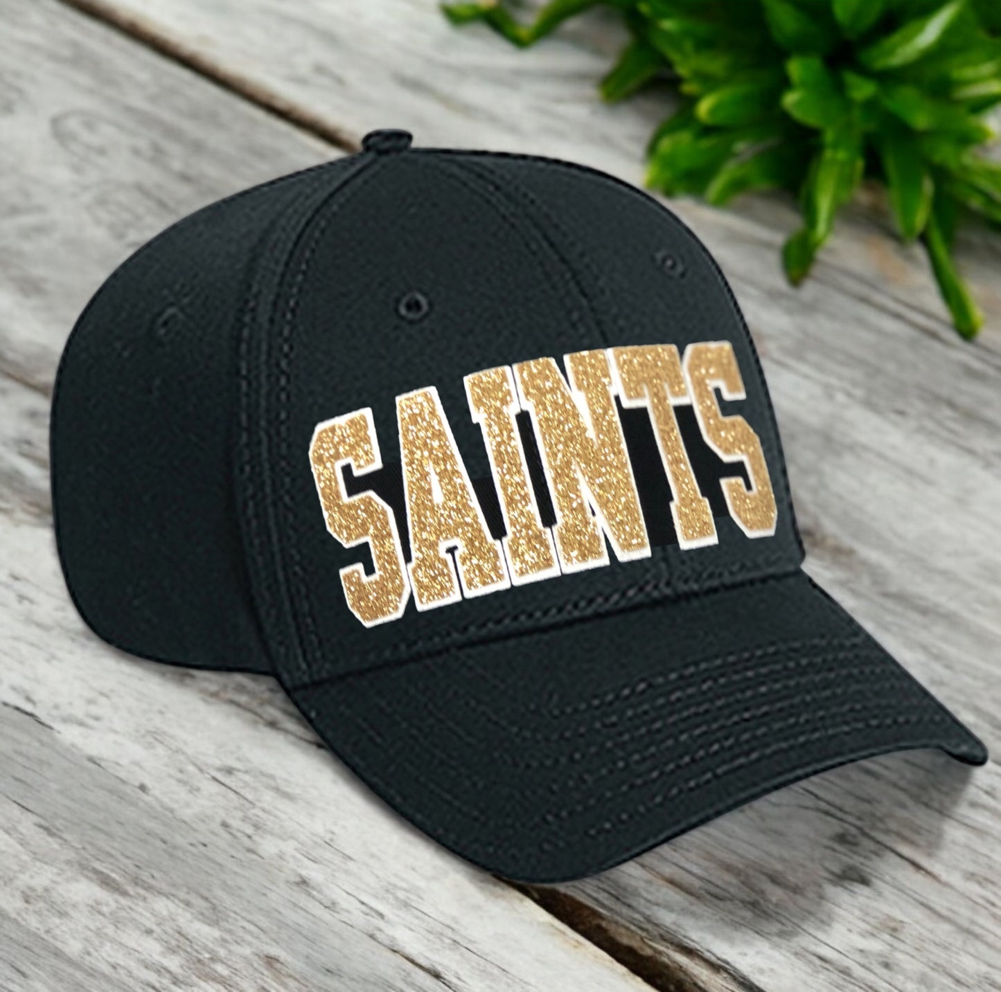 Saints Glitter Hat, Women's Cap for New Orleans Football in Black Gold White Bling