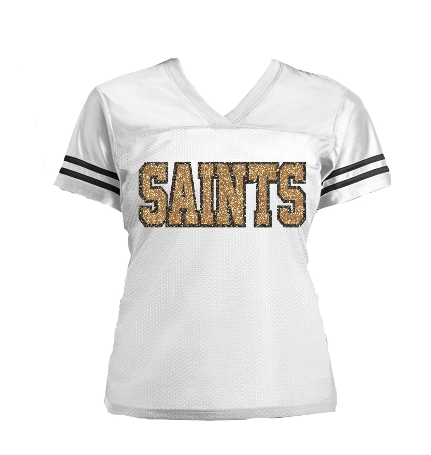 Saints White Gold Glitter Women’s Jersey Shirt, New Orleans Football