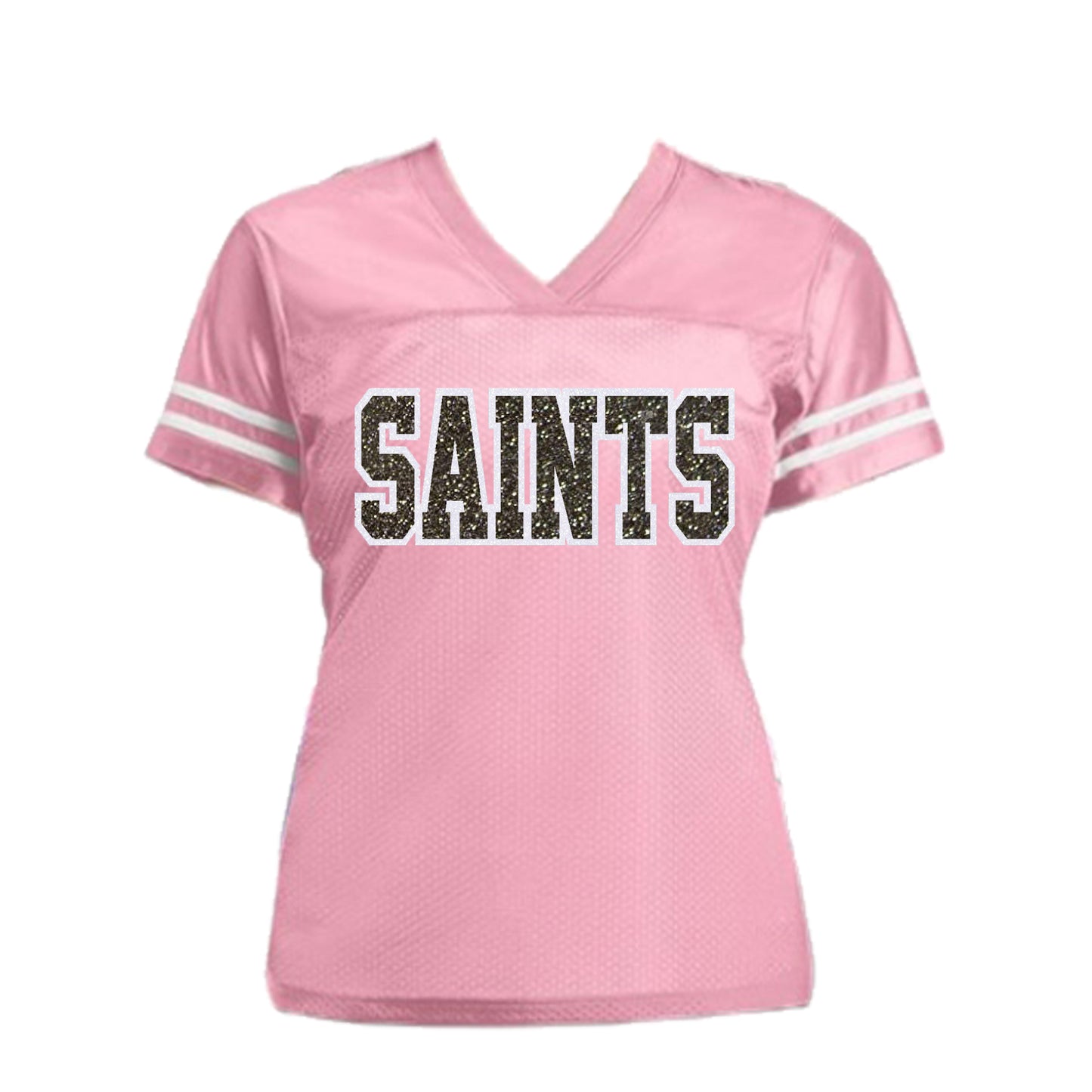 Saints White Gold Glitter Women’s Jersey Shirt, New Orleans Football