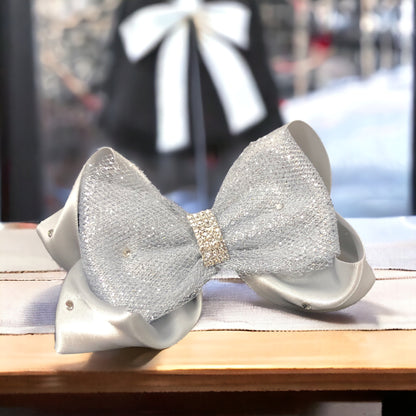 Silver Glitter Crystal Rhinestone Tulle Hair Bow Clip